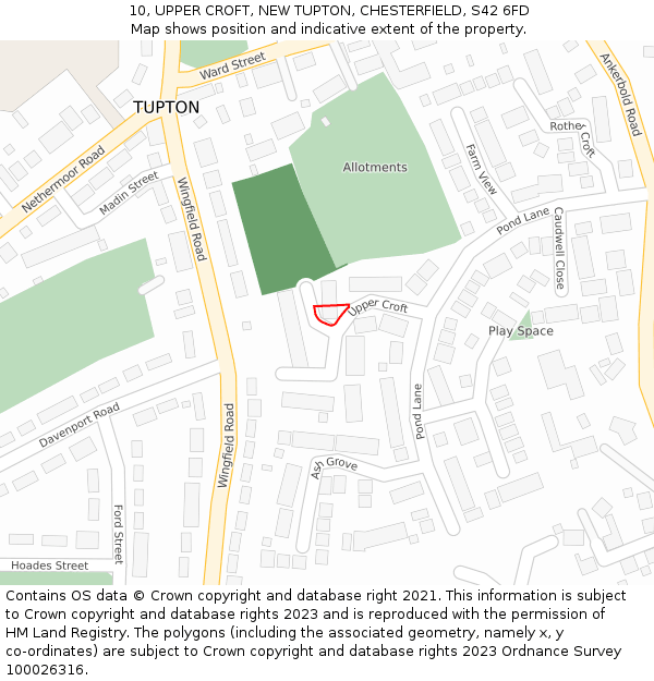 10, UPPER CROFT, NEW TUPTON, CHESTERFIELD, S42 6FD: Location map and indicative extent of plot