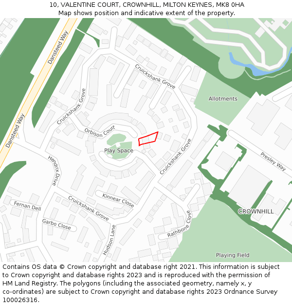 10, VALENTINE COURT, CROWNHILL, MILTON KEYNES, MK8 0HA: Location map and indicative extent of plot