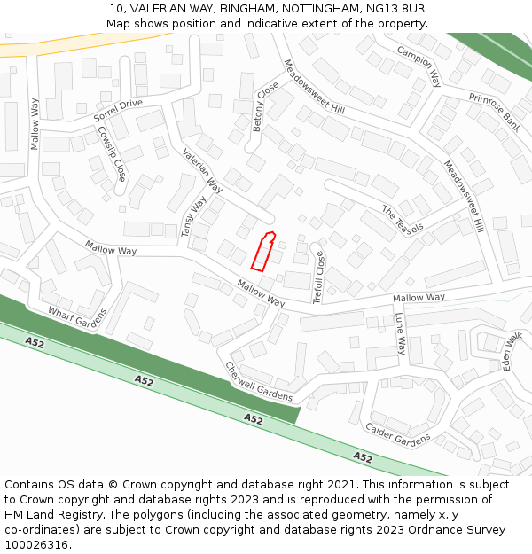 10, VALERIAN WAY, BINGHAM, NOTTINGHAM, NG13 8UR: Location map and indicative extent of plot