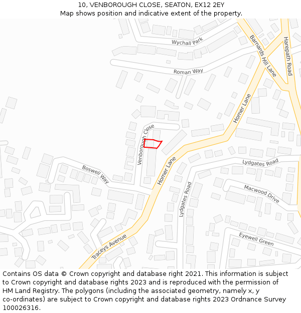 10, VENBOROUGH CLOSE, SEATON, EX12 2EY: Location map and indicative extent of plot