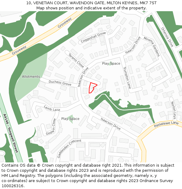 10, VENETIAN COURT, WAVENDON GATE, MILTON KEYNES, MK7 7ST: Location map and indicative extent of plot