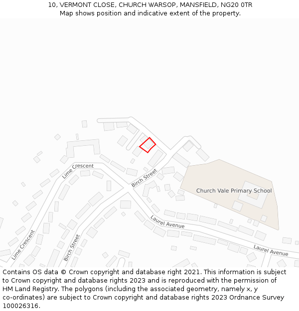 10, VERMONT CLOSE, CHURCH WARSOP, MANSFIELD, NG20 0TR: Location map and indicative extent of plot