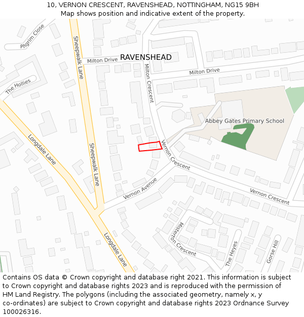 10, VERNON CRESCENT, RAVENSHEAD, NOTTINGHAM, NG15 9BH: Location map and indicative extent of plot