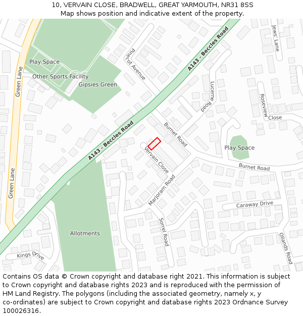 10, VERVAIN CLOSE, BRADWELL, GREAT YARMOUTH, NR31 8SS: Location map and indicative extent of plot