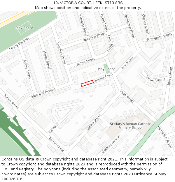 10, VICTORIA COURT, LEEK, ST13 8BS: Location map and indicative extent of plot