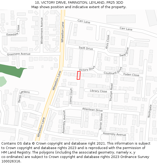 10, VICTORY DRIVE, FARINGTON, LEYLAND, PR25 3DD: Location map and indicative extent of plot