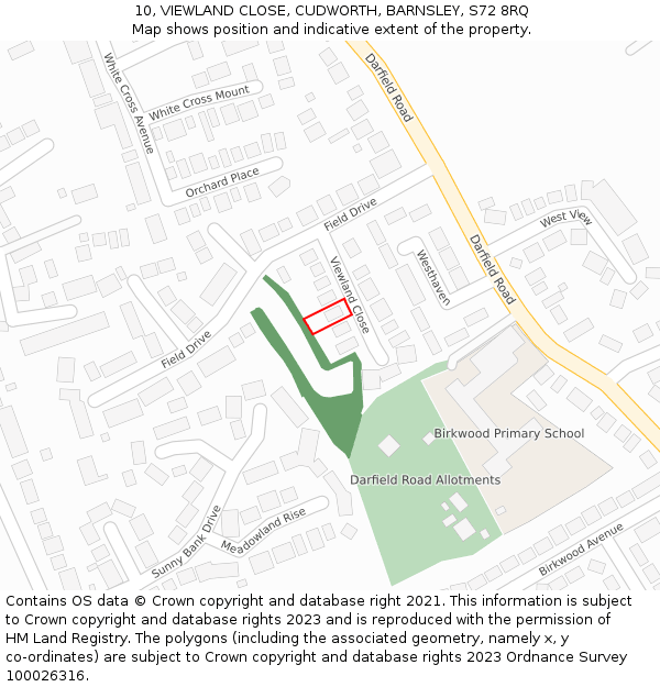 10, VIEWLAND CLOSE, CUDWORTH, BARNSLEY, S72 8RQ: Location map and indicative extent of plot