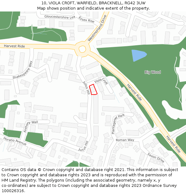 10, VIOLA CROFT, WARFIELD, BRACKNELL, RG42 3UW: Location map and indicative extent of plot