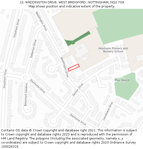 10, WADDINGTON DRIVE, WEST BRIDGFORD, NOTTINGHAM, NG2 7GX: Location map and indicative extent of plot