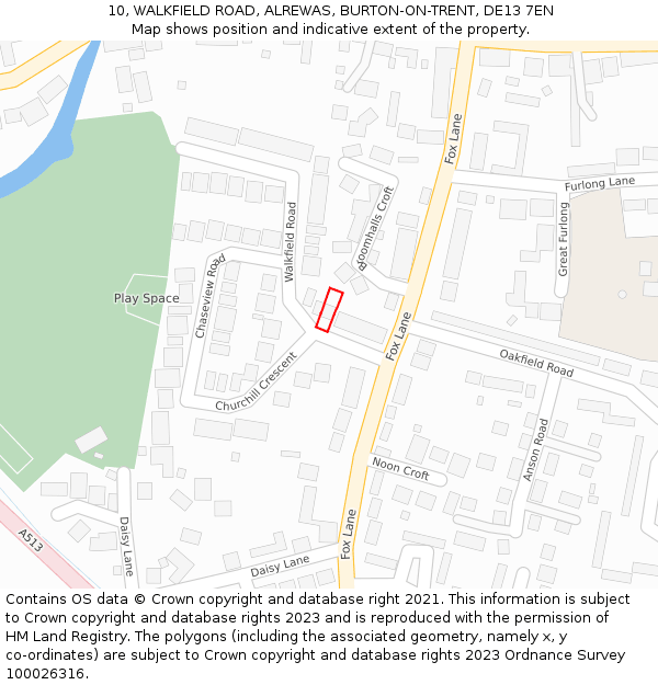 10, WALKFIELD ROAD, ALREWAS, BURTON-ON-TRENT, DE13 7EN: Location map and indicative extent of plot