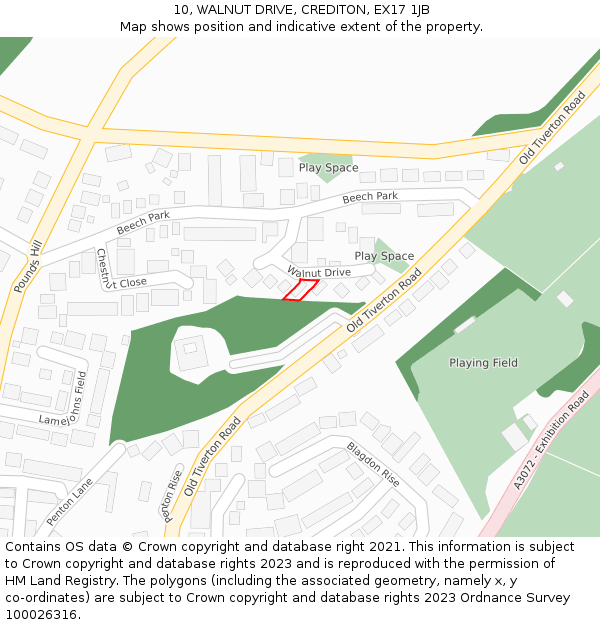 10, WALNUT DRIVE, CREDITON, EX17 1JB: Location map and indicative extent of plot