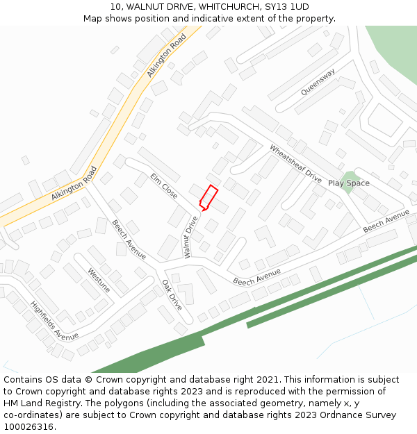 10, WALNUT DRIVE, WHITCHURCH, SY13 1UD: Location map and indicative extent of plot