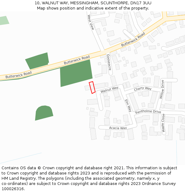 10, WALNUT WAY, MESSINGHAM, SCUNTHORPE, DN17 3UU: Location map and indicative extent of plot