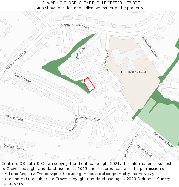 10, WARING CLOSE, GLENFIELD, LEICESTER, LE3 8PZ: Location map and indicative extent of plot
