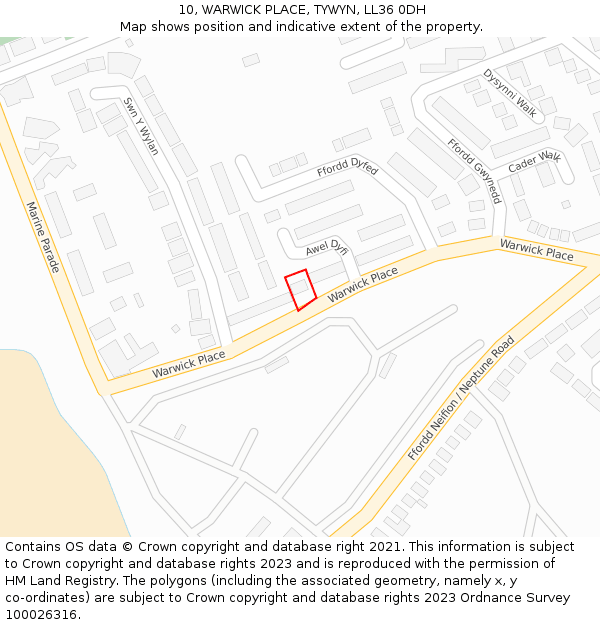 10, WARWICK PLACE, TYWYN, LL36 0DH: Location map and indicative extent of plot