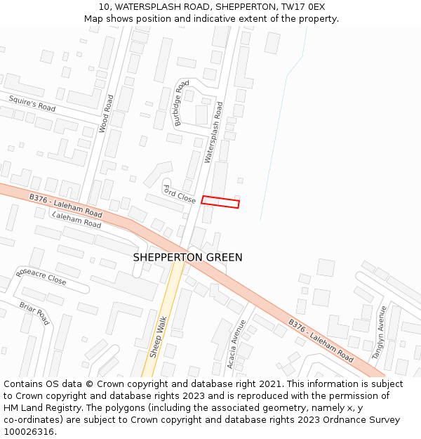 10, WATERSPLASH ROAD, SHEPPERTON, TW17 0EX: Location map and indicative extent of plot