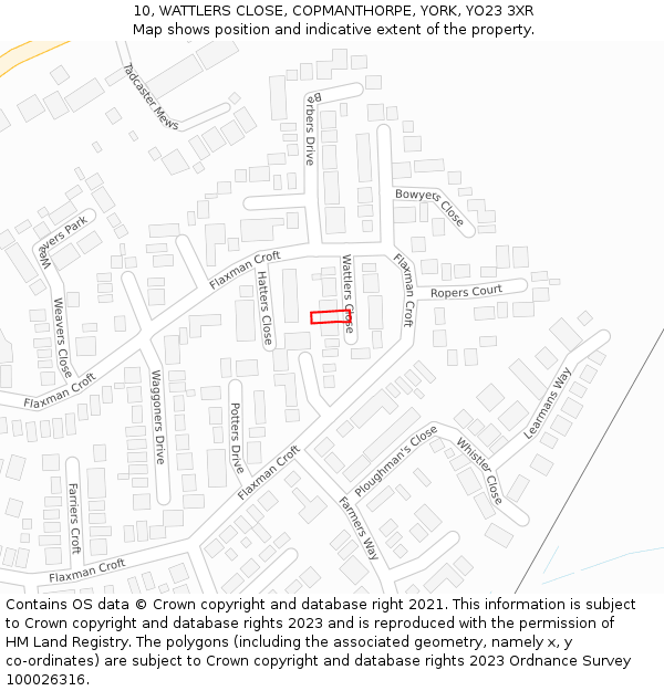 10, WATTLERS CLOSE, COPMANTHORPE, YORK, YO23 3XR: Location map and indicative extent of plot
