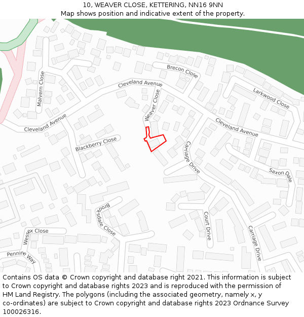 10, WEAVER CLOSE, KETTERING, NN16 9NN: Location map and indicative extent of plot