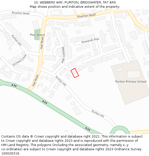 10, WEBBERS WAY, PURITON, BRIDGWATER, TA7 8AS: Location map and indicative extent of plot