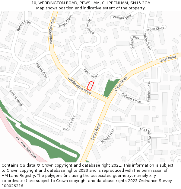 10, WEBBINGTON ROAD, PEWSHAM, CHIPPENHAM, SN15 3GA: Location map and indicative extent of plot