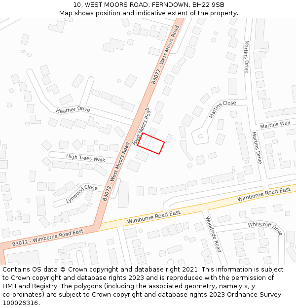 10, WEST MOORS ROAD, FERNDOWN, BH22 9SB: Location map and indicative extent of plot