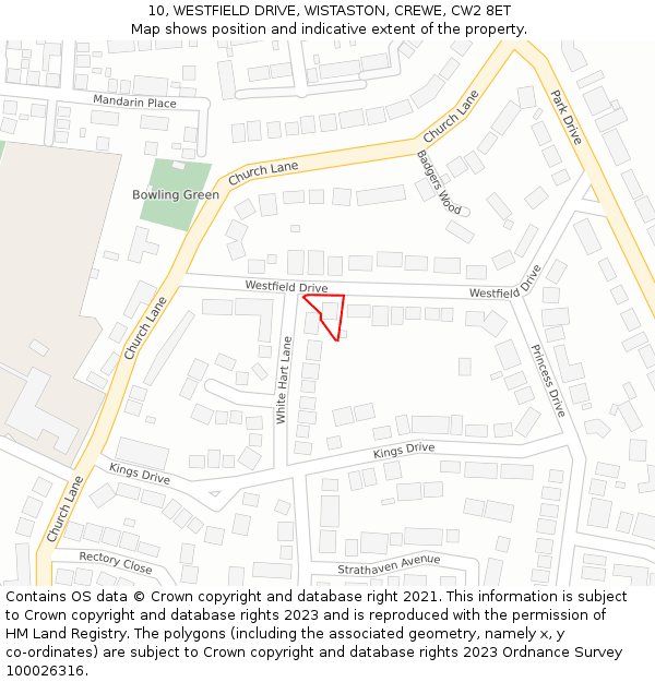 10, WESTFIELD DRIVE, WISTASTON, CREWE, CW2 8ET: Location map and indicative extent of plot