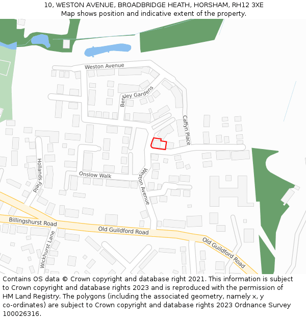 10, WESTON AVENUE, BROADBRIDGE HEATH, HORSHAM, RH12 3XE: Location map and indicative extent of plot