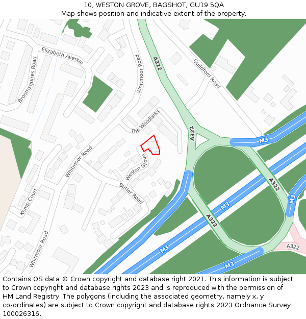 10, WESTON GROVE, BAGSHOT, GU19 5QA: Location map and indicative extent of plot