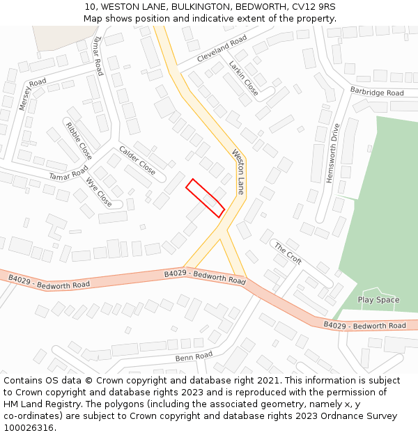 10, WESTON LANE, BULKINGTON, BEDWORTH, CV12 9RS: Location map and indicative extent of plot