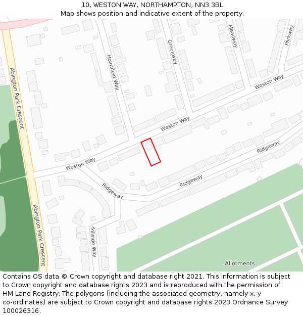 10, WESTON WAY, NORTHAMPTON, NN3 3BL: Location map and indicative extent of plot