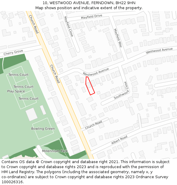 10, WESTWOOD AVENUE, FERNDOWN, BH22 9HN: Location map and indicative extent of plot