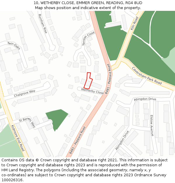 10, WETHERBY CLOSE, EMMER GREEN, READING, RG4 8UD: Location map and indicative extent of plot