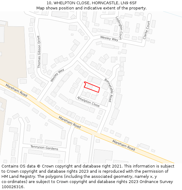 10, WHELPTON CLOSE, HORNCASTLE, LN9 6SF: Location map and indicative extent of plot