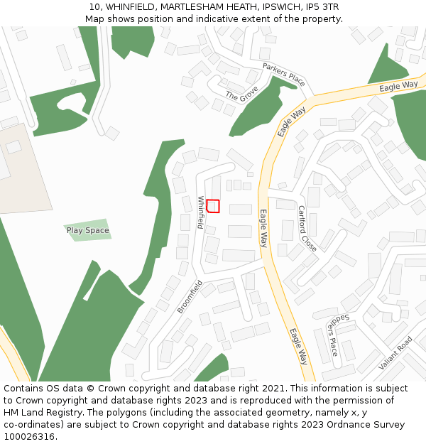 10, WHINFIELD, MARTLESHAM HEATH, IPSWICH, IP5 3TR: Location map and indicative extent of plot