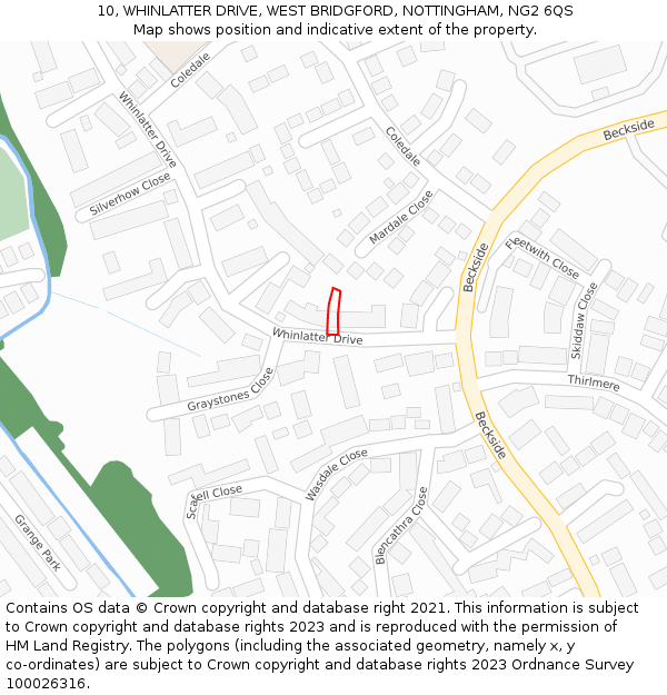 10, WHINLATTER DRIVE, WEST BRIDGFORD, NOTTINGHAM, NG2 6QS: Location map and indicative extent of plot