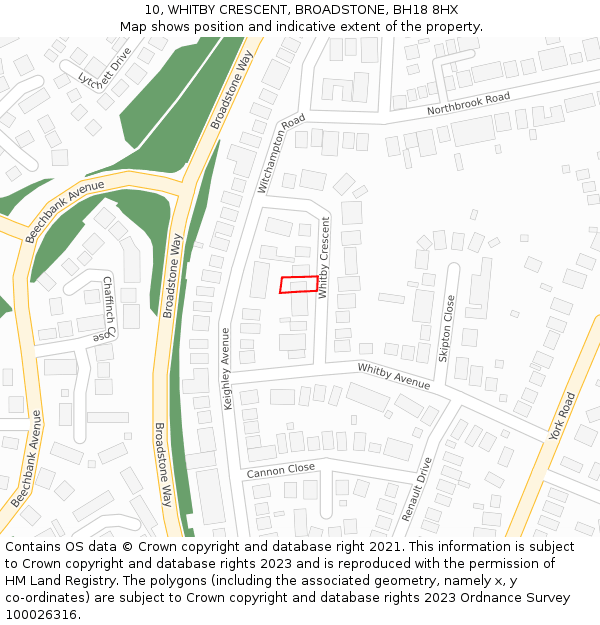 10, WHITBY CRESCENT, BROADSTONE, BH18 8HX: Location map and indicative extent of plot