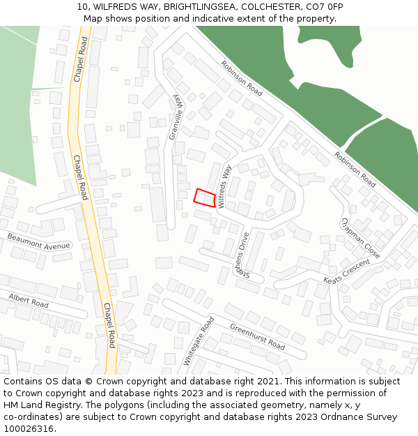 10, WILFREDS WAY, BRIGHTLINGSEA, COLCHESTER, CO7 0FP: Location map and indicative extent of plot