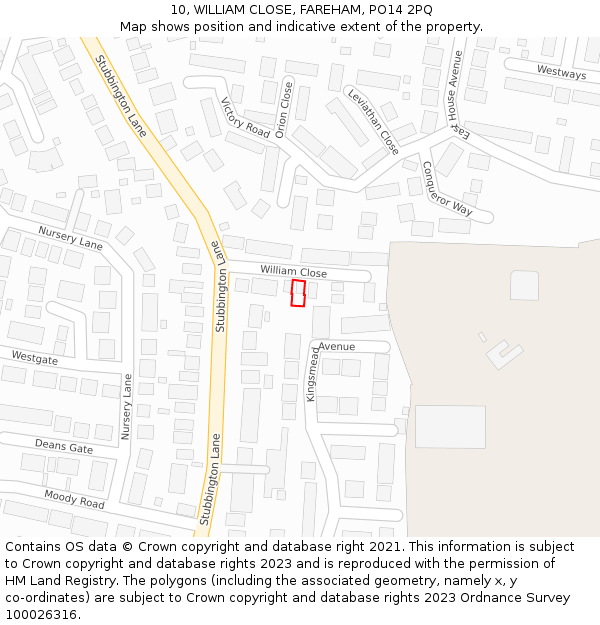 10, WILLIAM CLOSE, FAREHAM, PO14 2PQ: Location map and indicative extent of plot