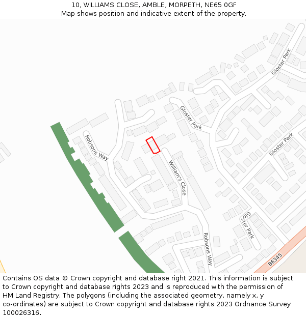 10, WILLIAMS CLOSE, AMBLE, MORPETH, NE65 0GF: Location map and indicative extent of plot