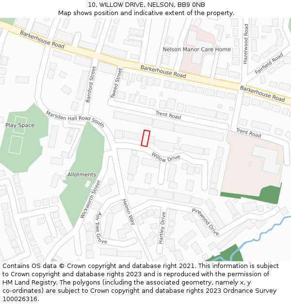 10, WILLOW DRIVE, NELSON, BB9 0NB: Location map and indicative extent of plot