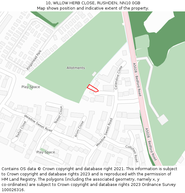 10, WILLOW HERB CLOSE, RUSHDEN, NN10 0GB: Location map and indicative extent of plot