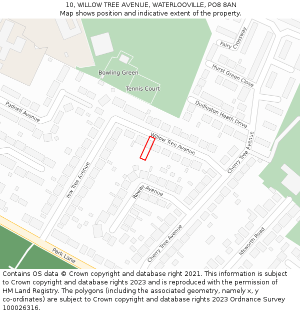 10, WILLOW TREE AVENUE, WATERLOOVILLE, PO8 8AN: Location map and indicative extent of plot