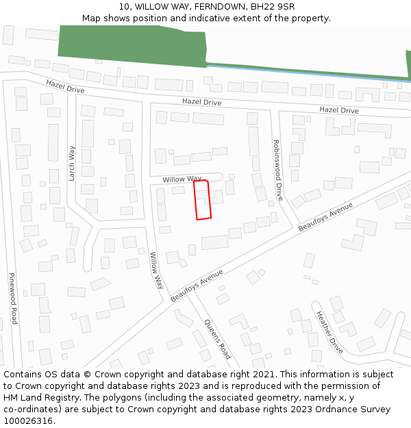 10, WILLOW WAY, FERNDOWN, BH22 9SR: Location map and indicative extent of plot