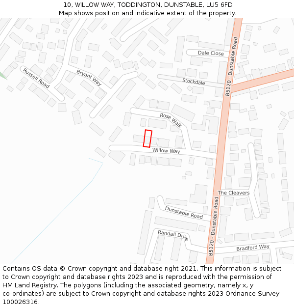 10, WILLOW WAY, TODDINGTON, DUNSTABLE, LU5 6FD: Location map and indicative extent of plot