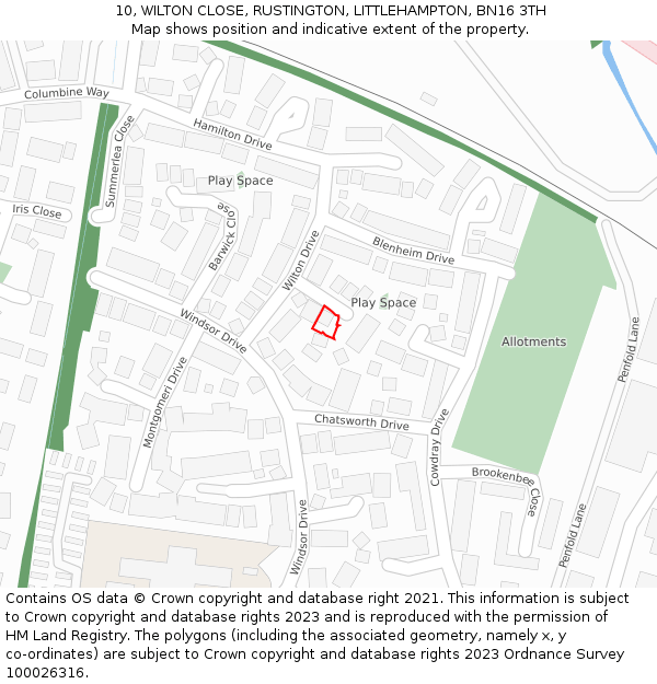 10, WILTON CLOSE, RUSTINGTON, LITTLEHAMPTON, BN16 3TH: Location map and indicative extent of plot