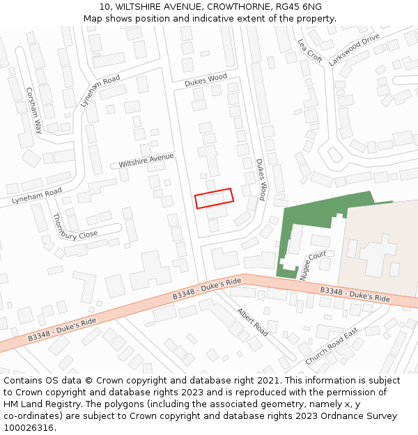 10, WILTSHIRE AVENUE, CROWTHORNE, RG45 6NG: Location map and indicative extent of plot