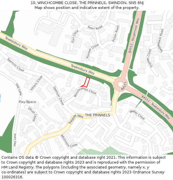 10, WINCHCOMBE CLOSE, THE PRINNELS, SWINDON, SN5 6NJ: Location map and indicative extent of plot