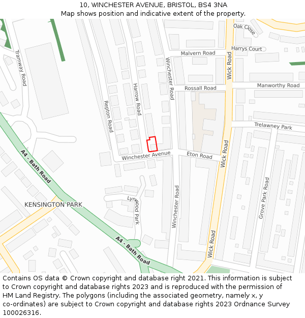 10, WINCHESTER AVENUE, BRISTOL, BS4 3NA: Location map and indicative extent of plot