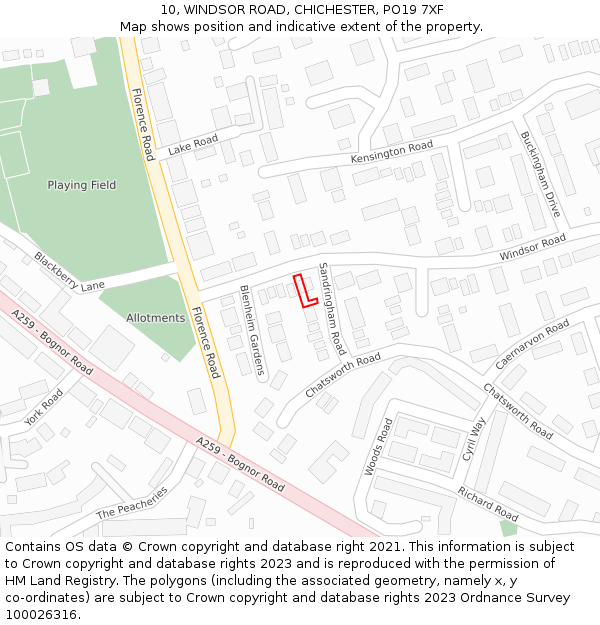 10, WINDSOR ROAD, CHICHESTER, PO19 7XF: Location map and indicative extent of plot