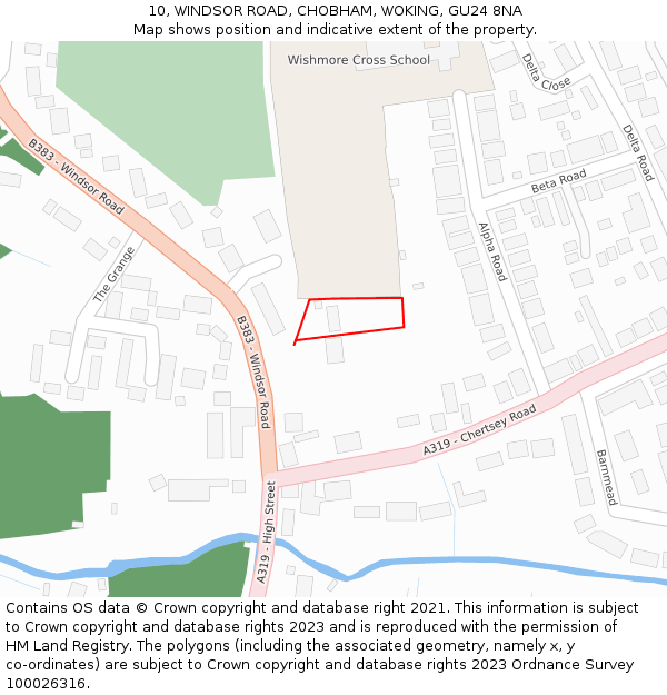 10, WINDSOR ROAD, CHOBHAM, WOKING, GU24 8NA: Location map and indicative extent of plot